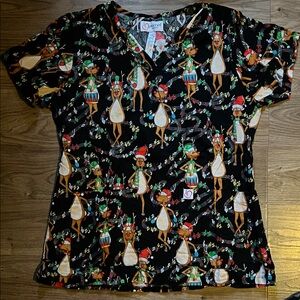 Peaches Uniforms Black Holiday Reindeer Print Scrub Top